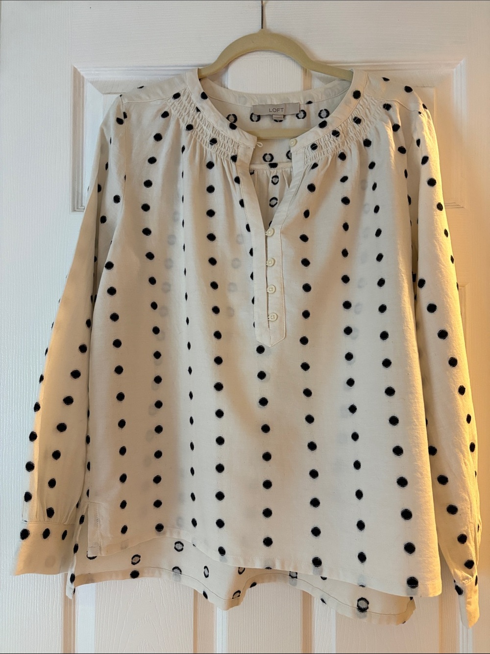 LOFT Ivory Blouse with Black Polka Dots and Henley Placket